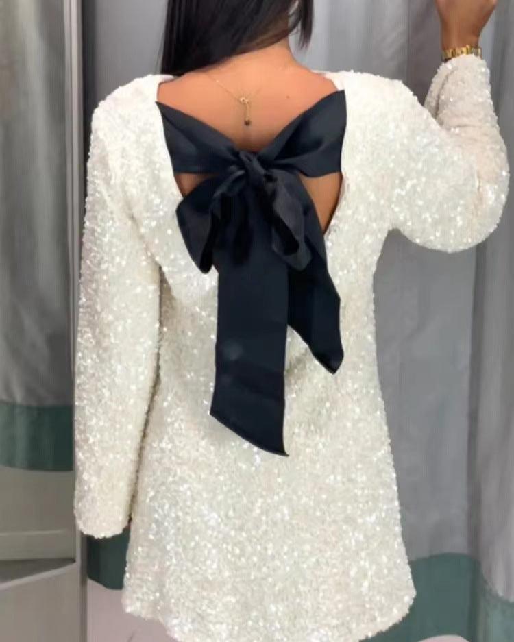 Bow Tie Sequin Jacket Dress White