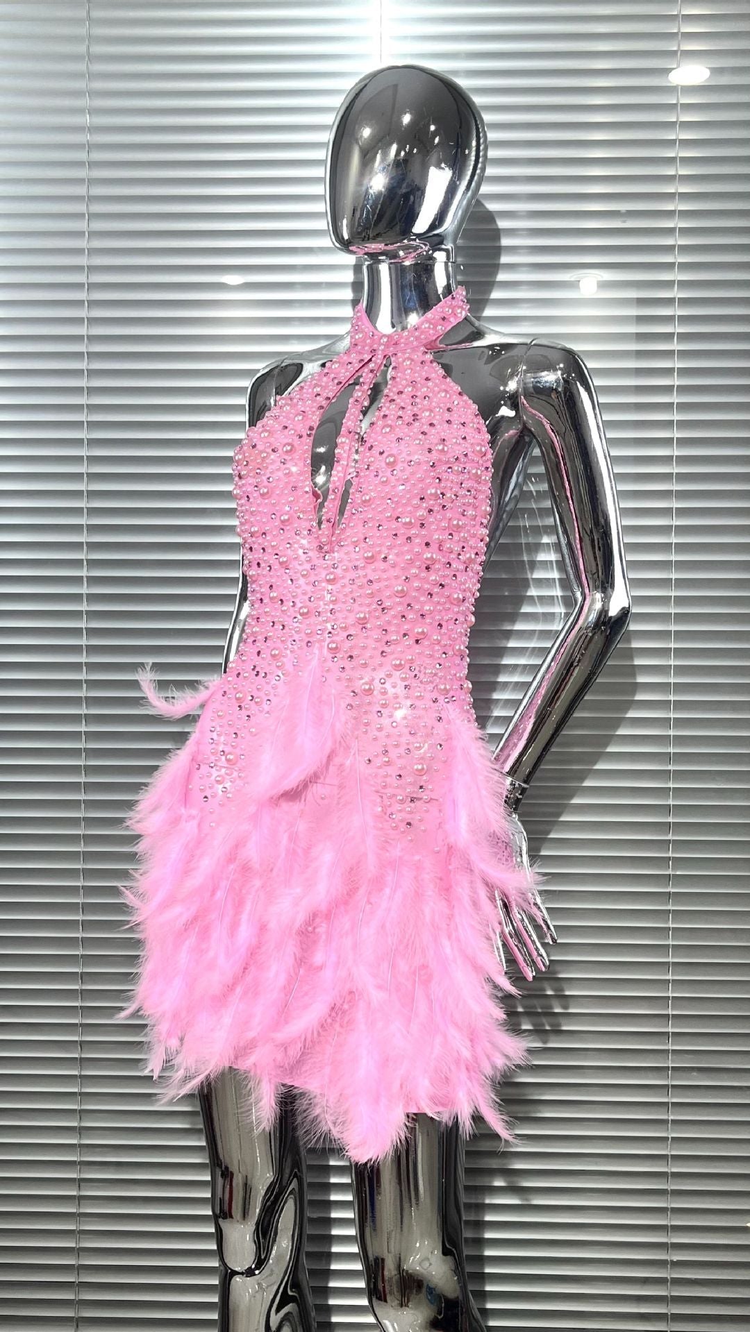 Beaded Feather Sleeveless Dress for Evening Parties