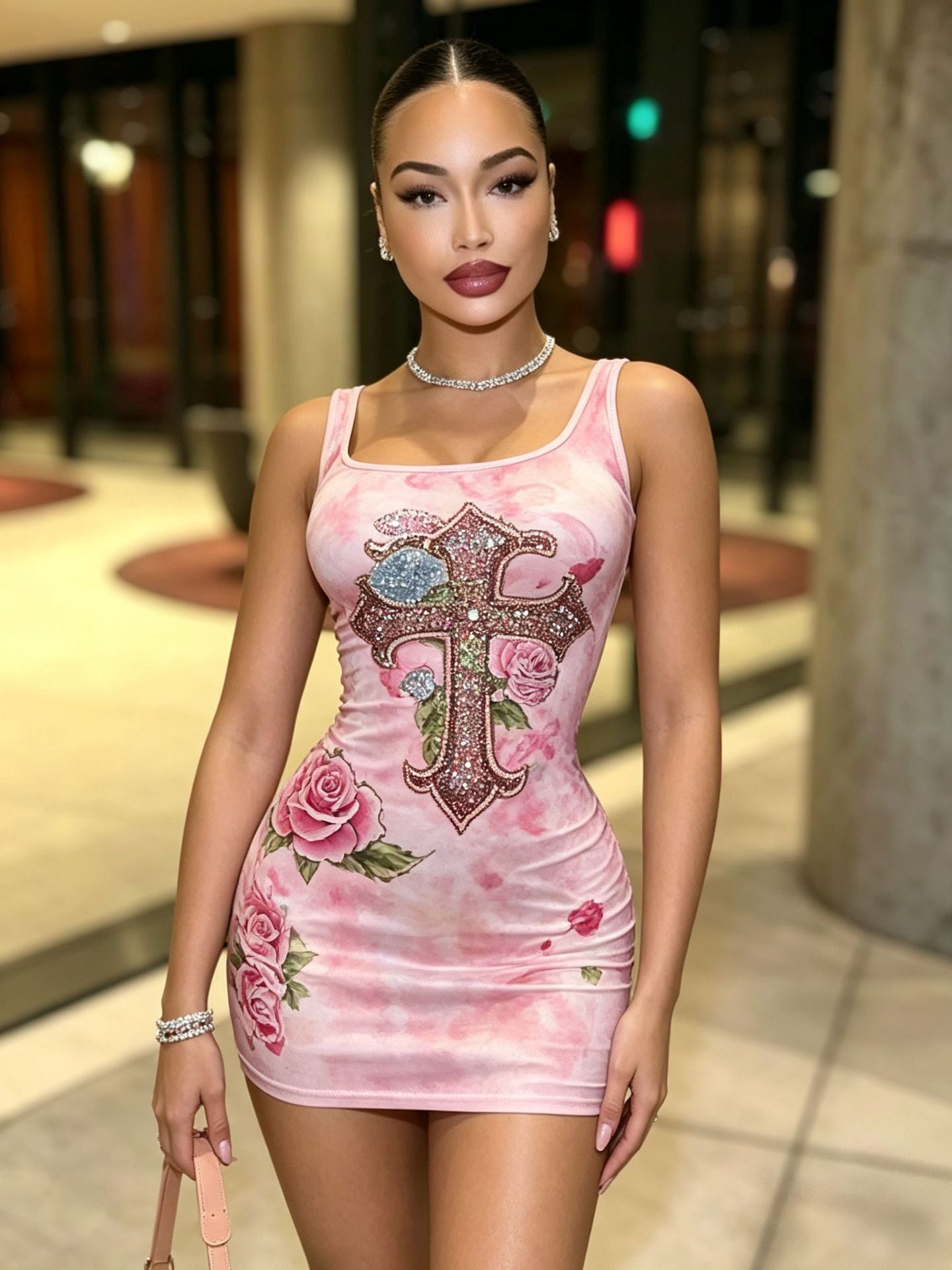 Pink Tie-Dye Beaded Cross Print Bodycon Dress for Party Wear