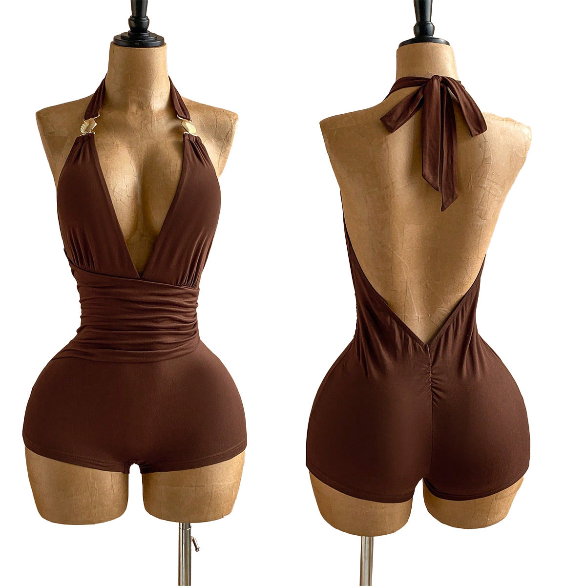 Tropical Print Backless Metal Lace-Up Jumpsuit for Summer Holidays