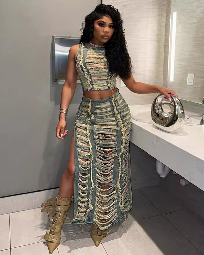 BADU DISTRESS DENIM SKIRT SET