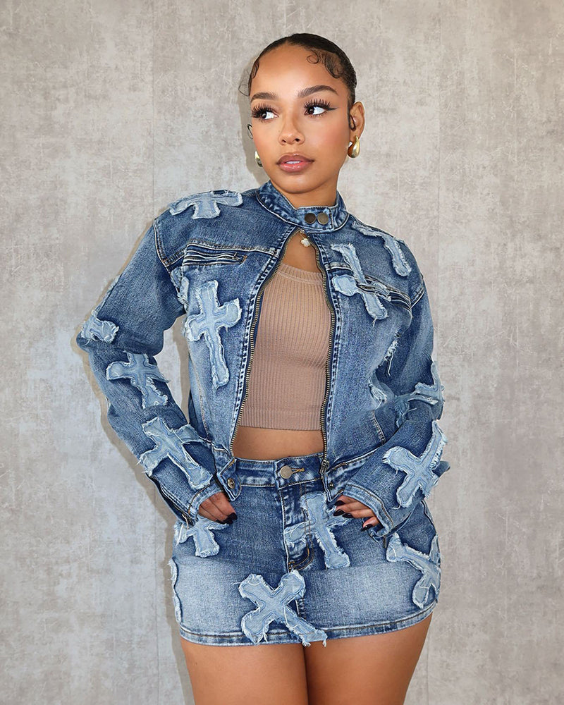 Cross Your Mind Denim Skirt Set Denim Blue