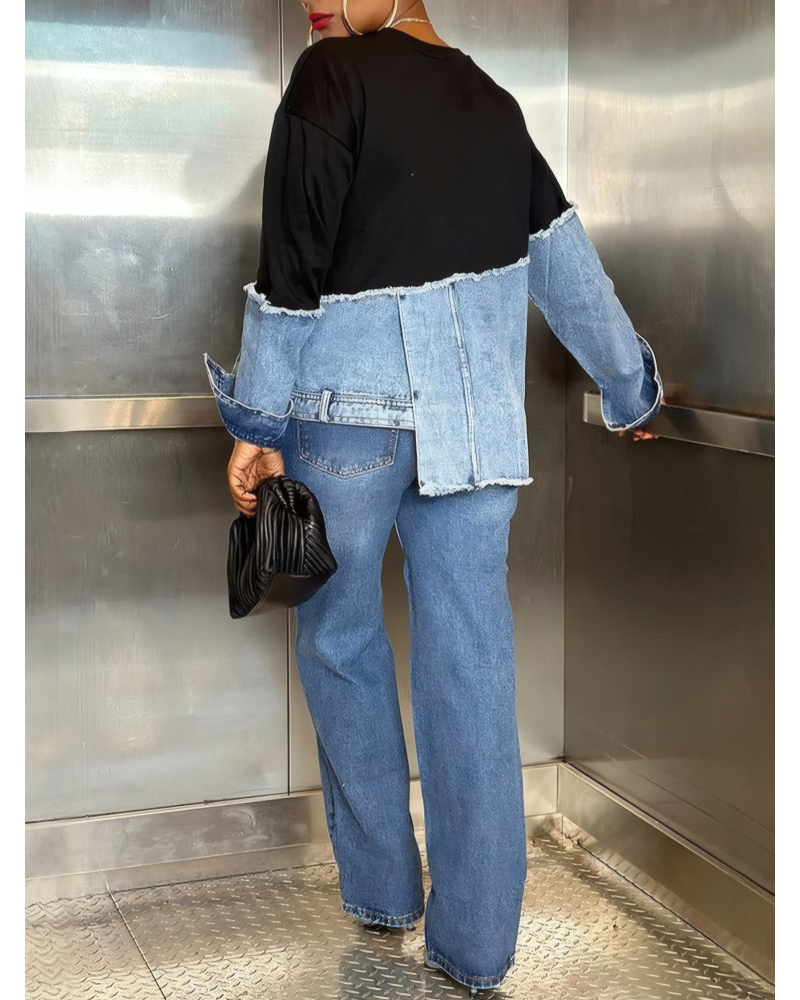 Stylish Irregular Hem Denim Patch Sweatshirt