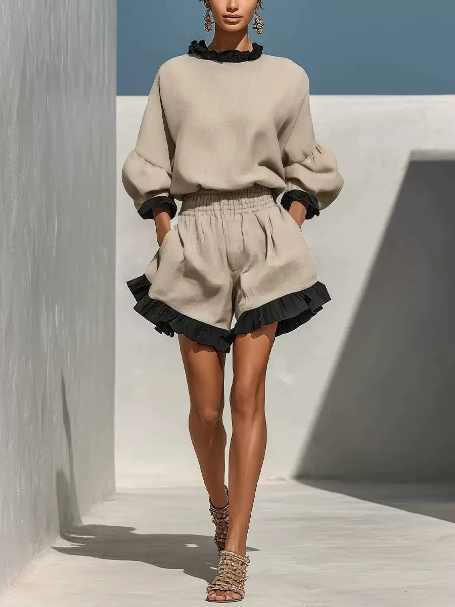 Color-Block Ruffle Linen Round-Neck Lantern-Sleeve Top & High-Waisted Pocket Shorts Two-Piece Set