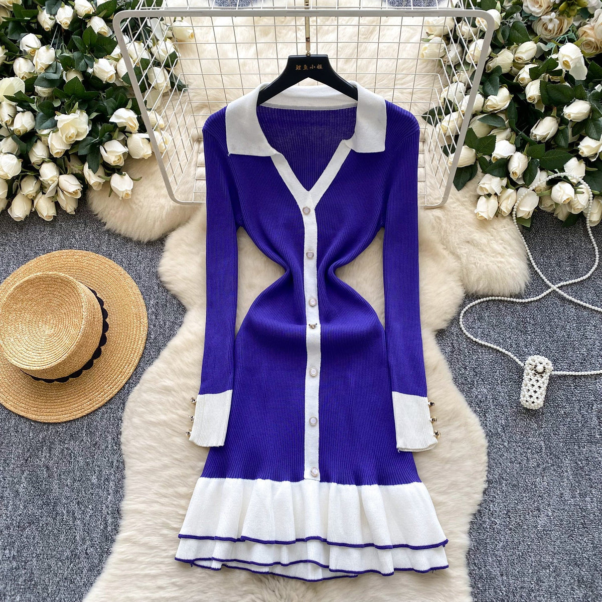Color-Block Polo Collar Long Sleeve Ruffle Trim Dress