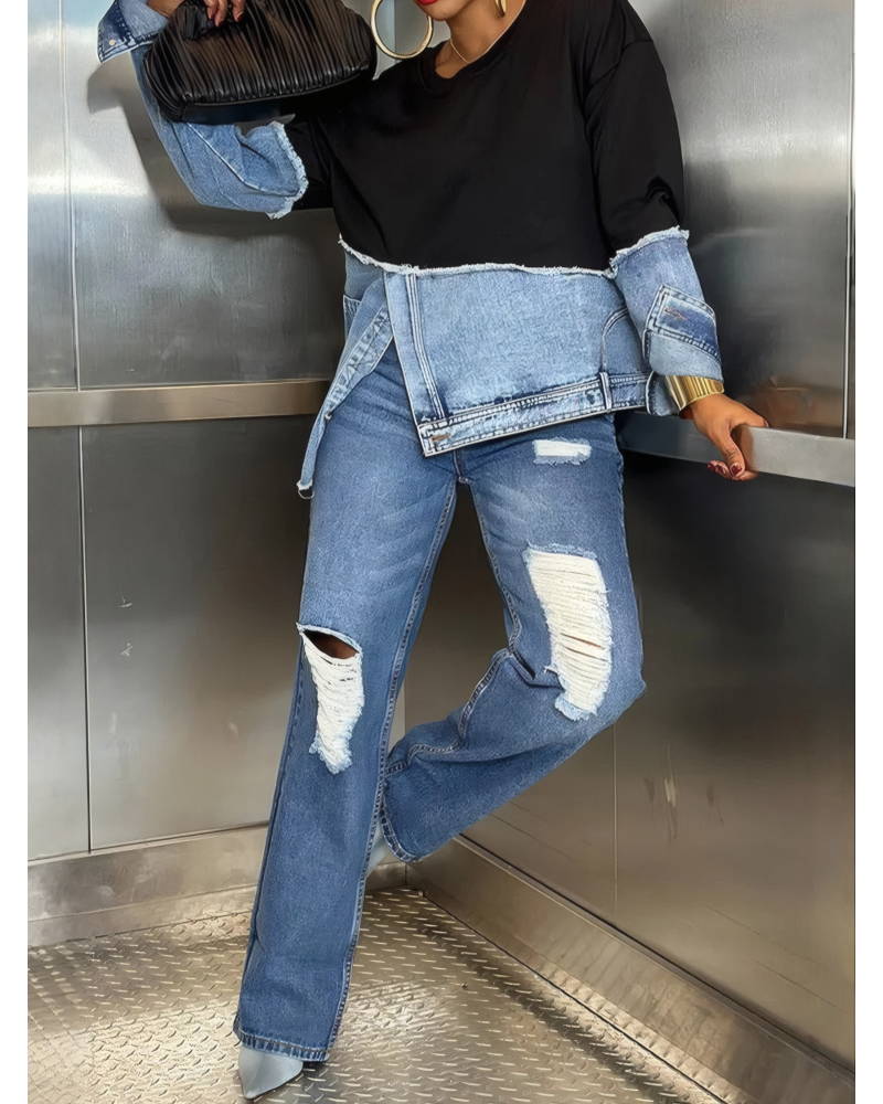 Stylish Irregular Hem Denim Patch Sweatshirt