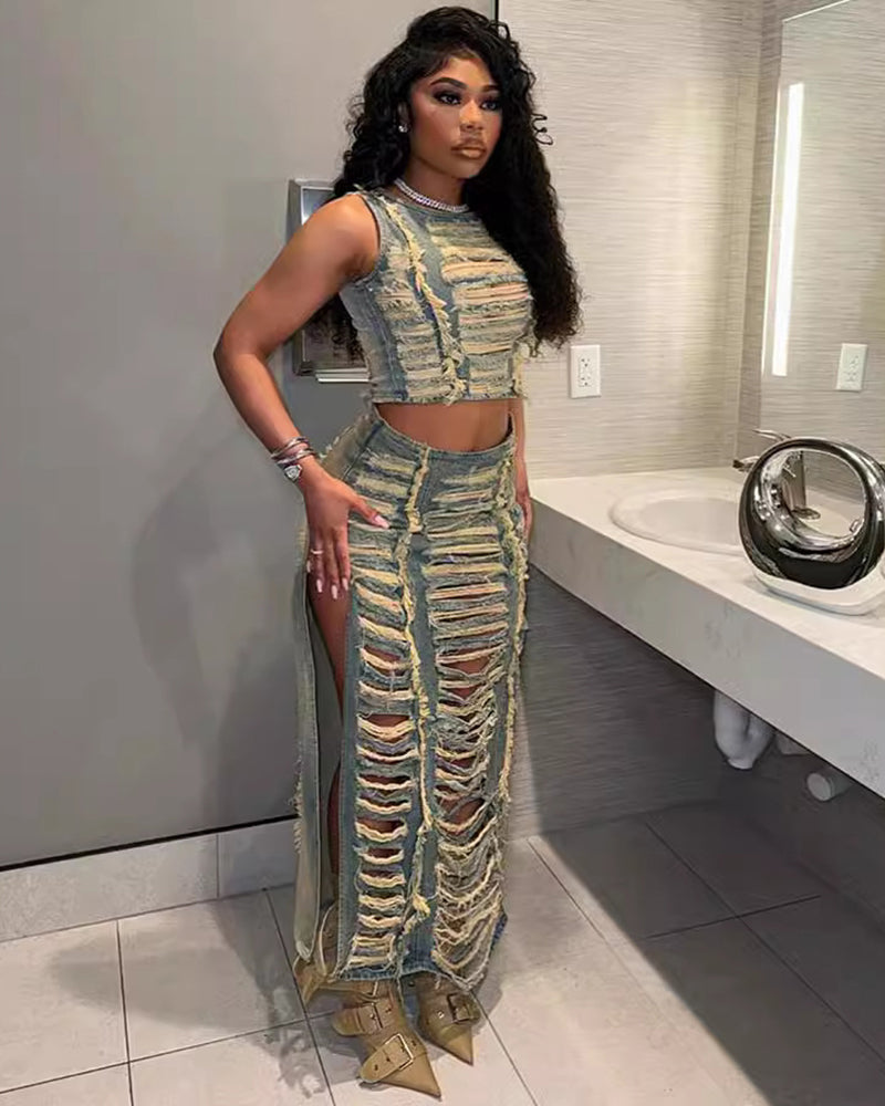 BADU DISTRESS DENIM SKIRT SET