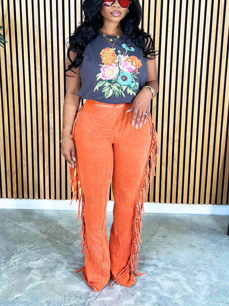 Washed Fringe Flare Pants