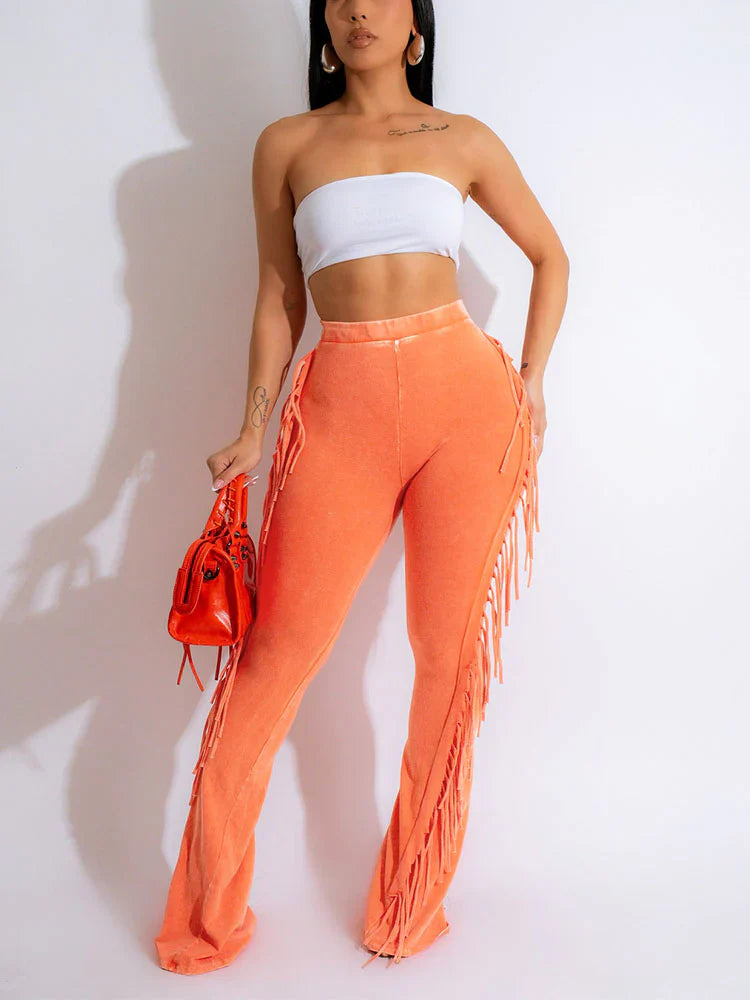 Washed Fringe Flare Pants