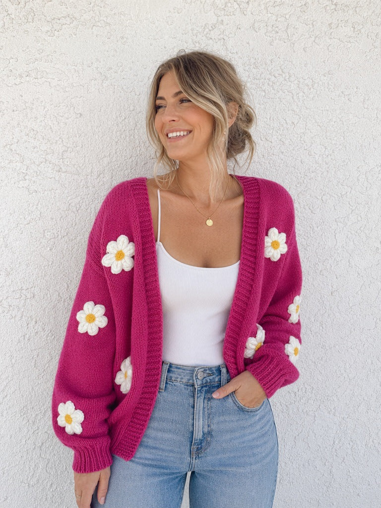 Plush Daisy Knitted V-Neck Sweater Top for Autumn & Winter