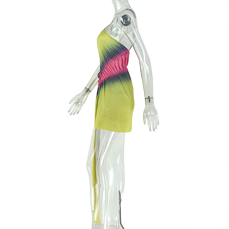 Color Block Backless Irregular Slash Shoulder Strapless Mini Dress for Clubwear