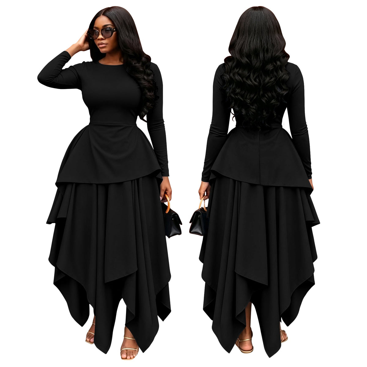 Round Neck Long Sleeve Ruffle Hem Irregular Flare Dress for Casual Wear