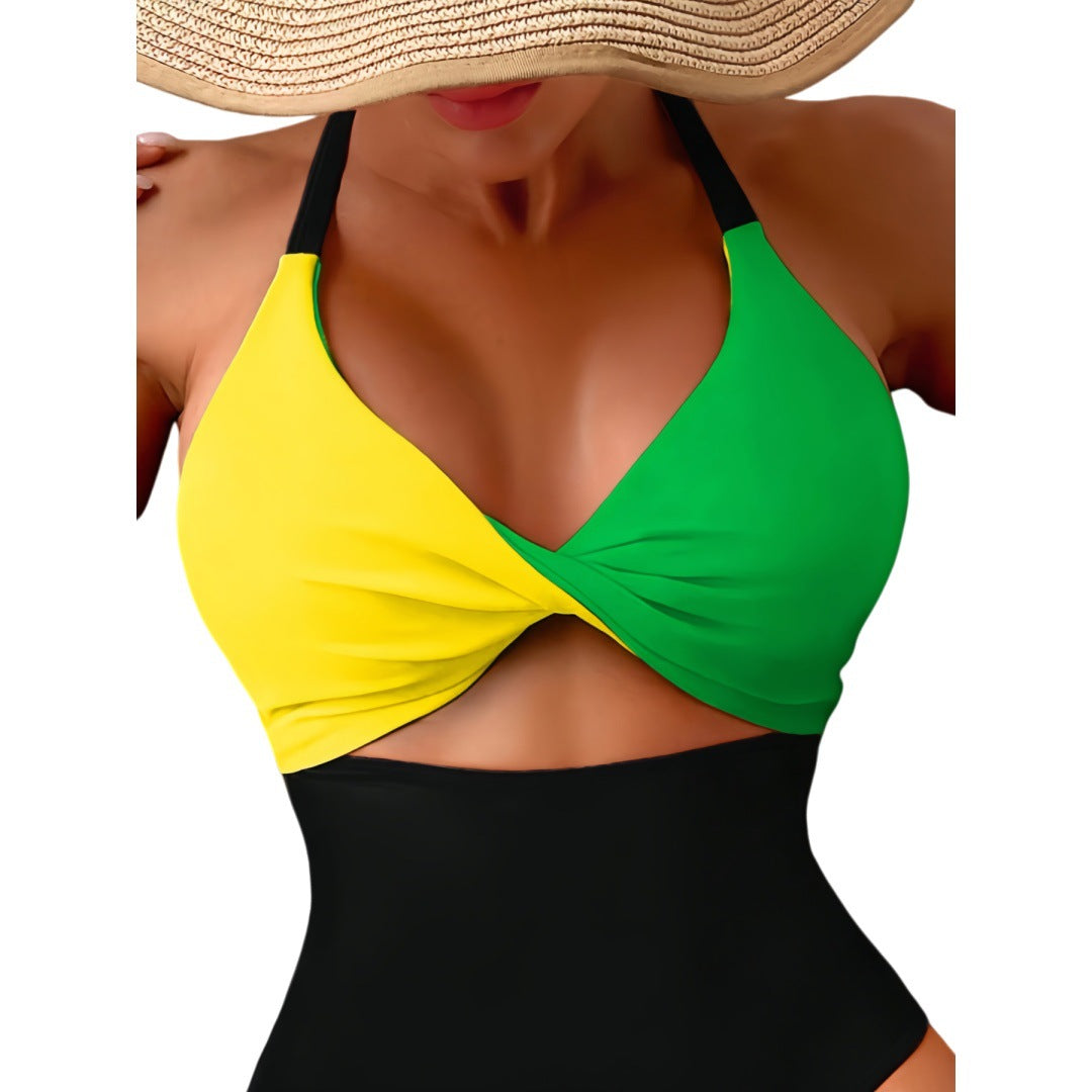 Color Block High Waist Solid One-Piece Swimsuit for Beachwear