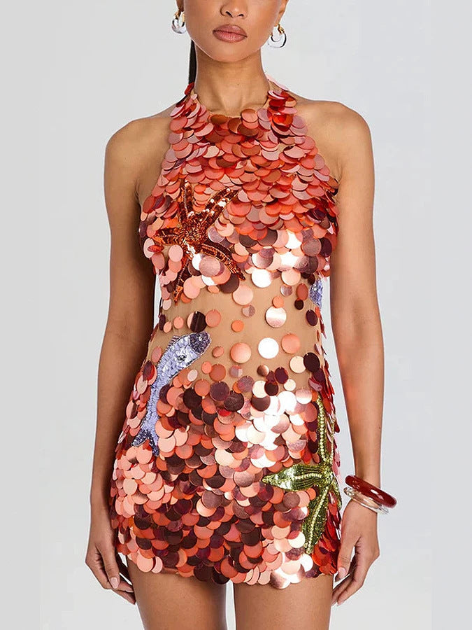 Sequin Embroidery See-Through Halter Neck Low Back Bodycon Mini Dress for Clubwear
