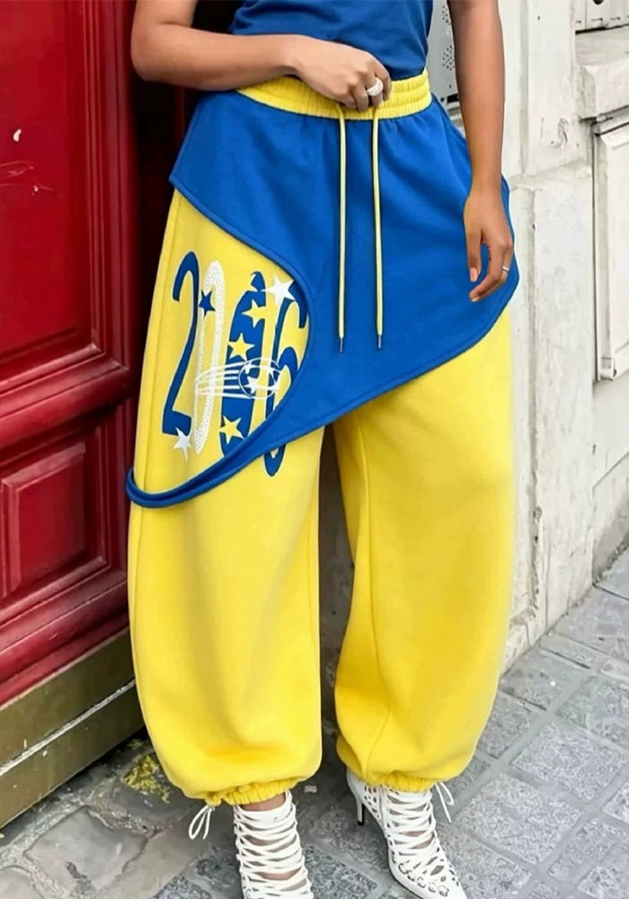 Printed Color-Block Faux-Layered Drawstring Jogger Sweatpants for Activewear