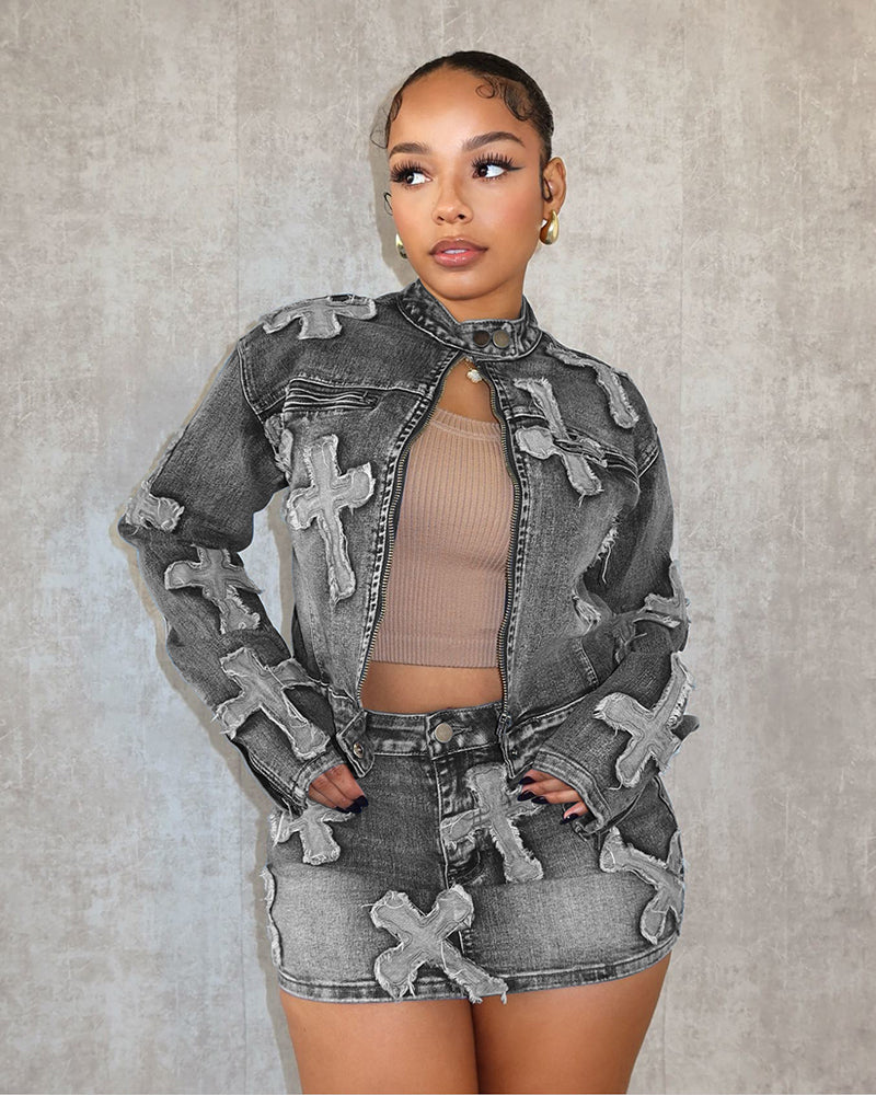 Cross Your Mind Denim Skirt Set Black Denim