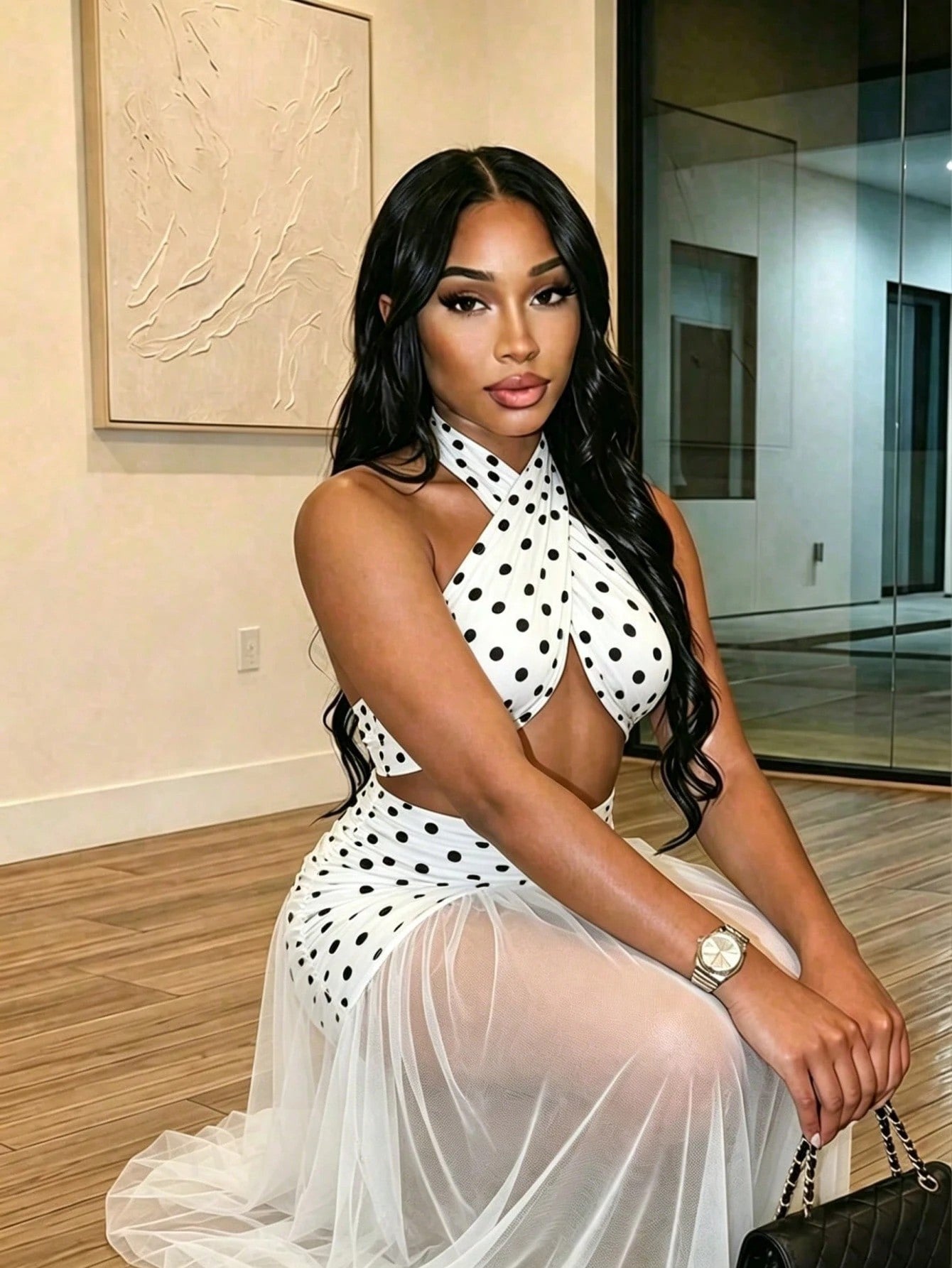 Polka Dot Mesh See-Through Halter Neck Maxi Dress for Beach Holidays