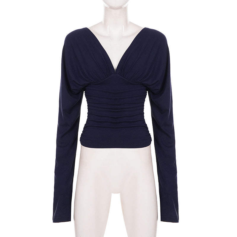 Deep V-Neck Long Sleeve Pleated Slim Waist Top for Evening Wear