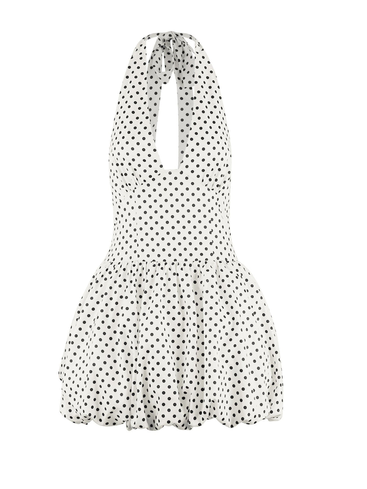 Polka Dot Halter Deep V-Neck Low Back Bubble Mini Dress for Party Wear
