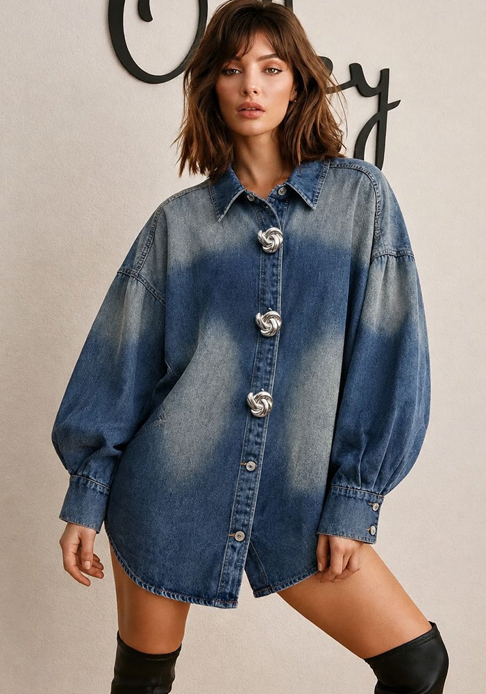 Turndown Collar Gradient Wash Long Sleeve Denim Shirt for Autumn & Winter