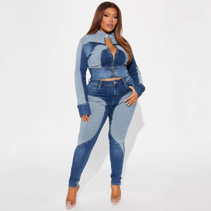 High Waist Washed Patchwork Skinny Denim Jeans for Casual Wear