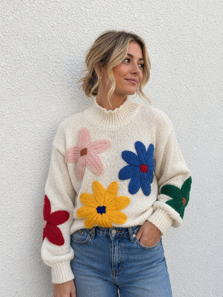 Floral High-Neck Knitted Sweater for Autumn & Winter