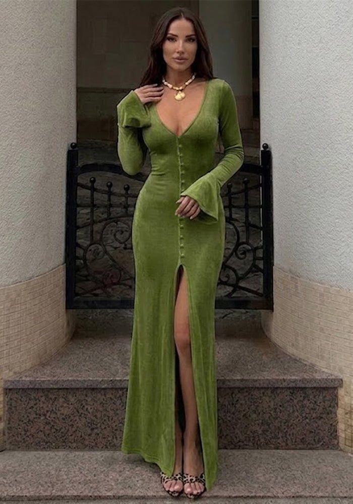 Solid Deep V-Neck Button Front Bell Sleeve Slim Fit Maxi Dress for Formal Events
