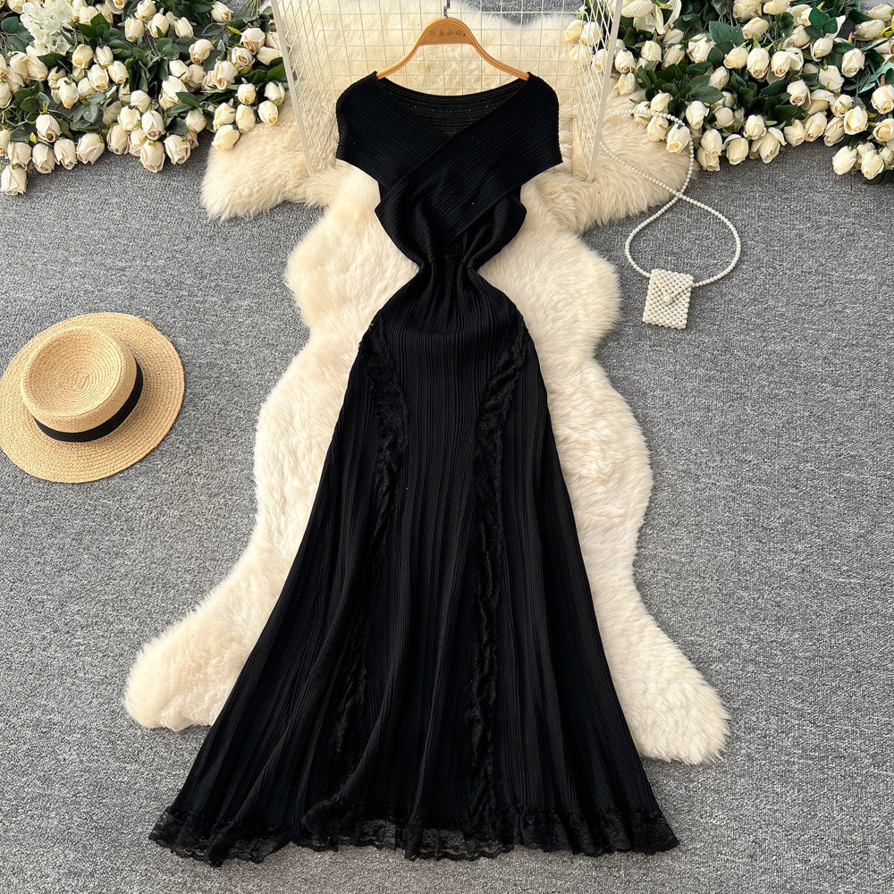 Knitted Lace Patchwork Off-Shoulder Sleeveless Maxi Dress for Summer