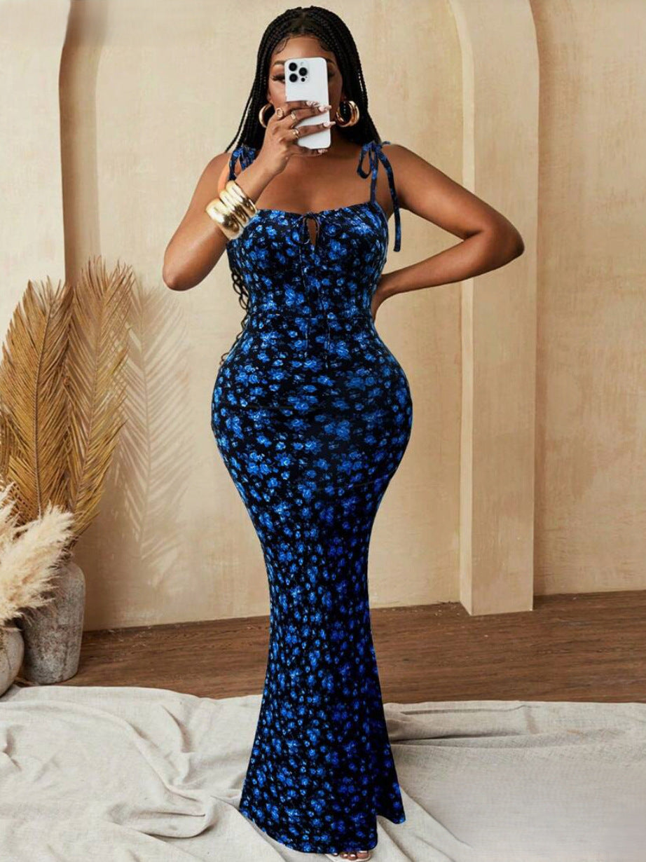 Floral Tie-Strap Cami Mermaid Maxi Dress for Summer Events