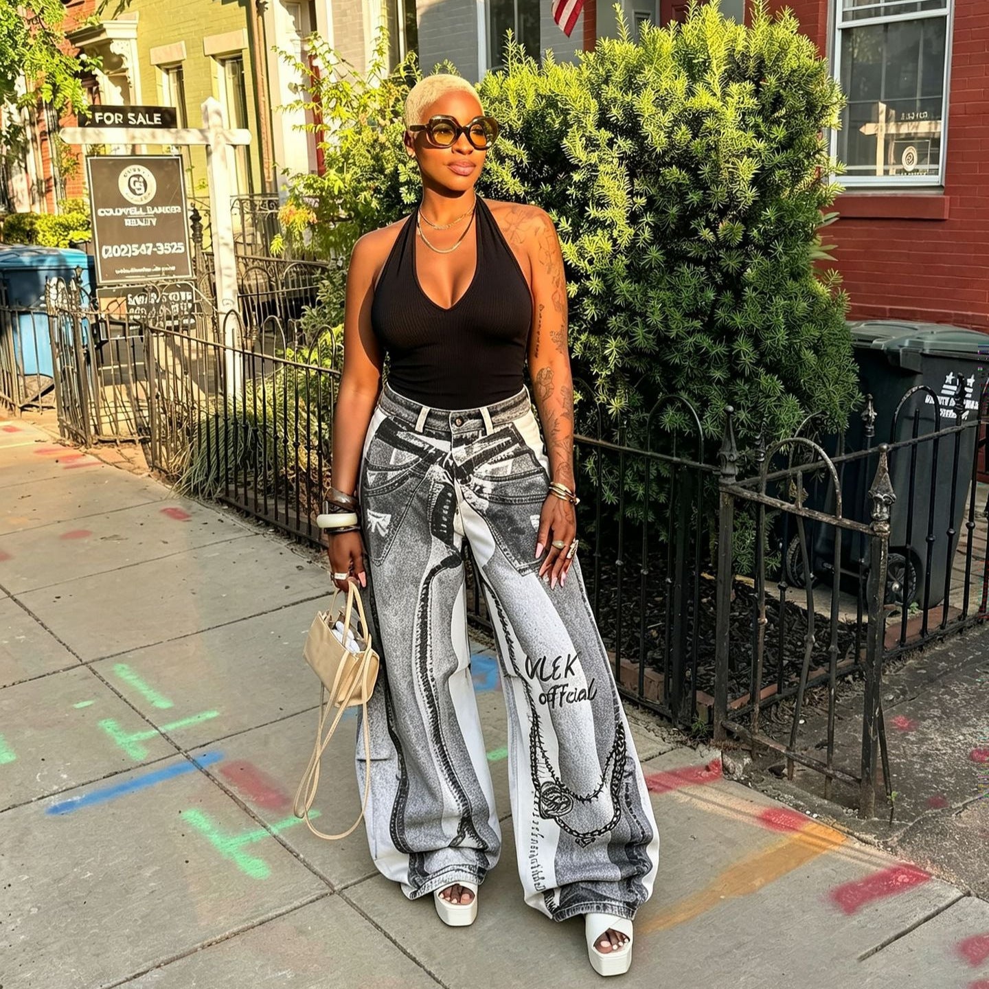 Faux Two-Piece Chain Letter Print Denim Pants for Streetwear