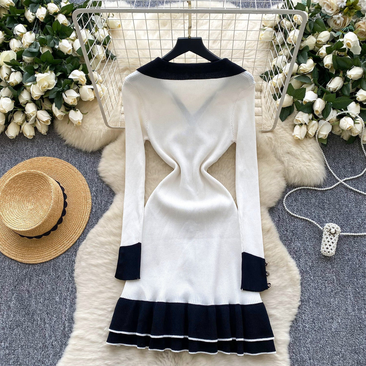 Color-Block Polo Collar Long Sleeve Ruffle Trim Dress