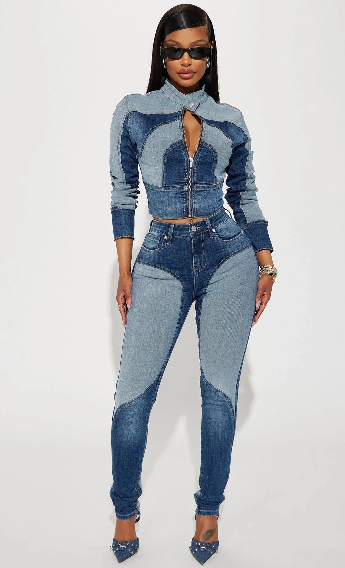 High Waist Washed Patchwork Skinny Denim Jeans for Casual Wear
