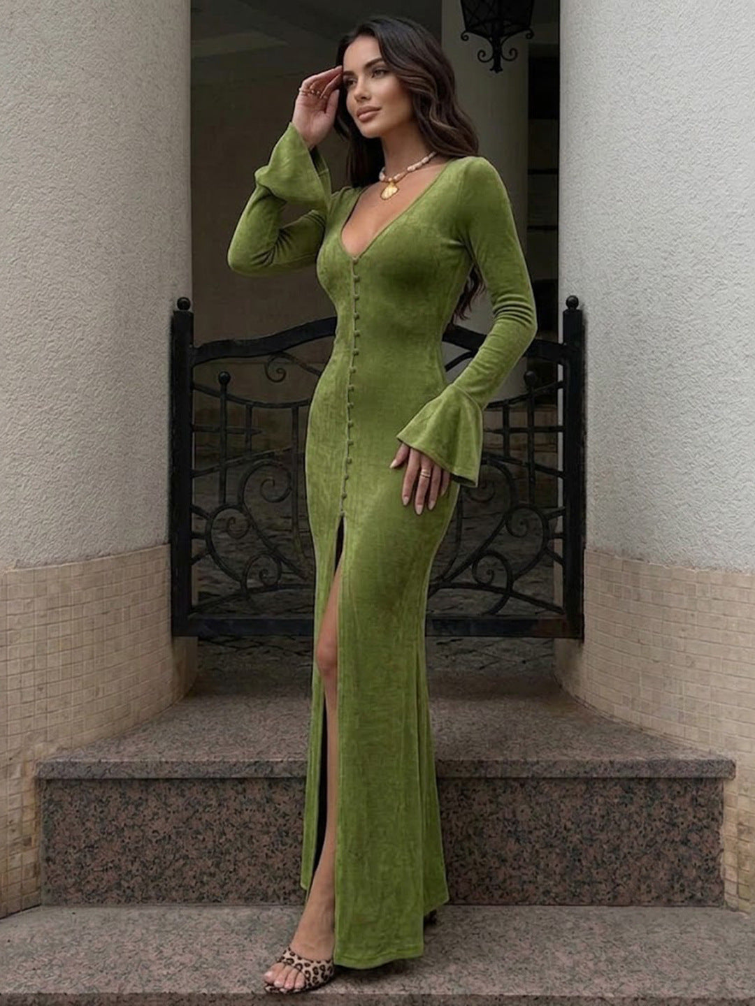 Solid Deep V-Neck Button Front Bell Sleeve Slim Fit Maxi Dress for Formal Events