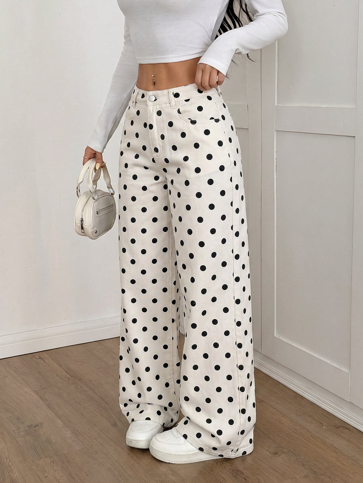 Black Polka Dot High Waist Loose Wide Leg Denim Pants