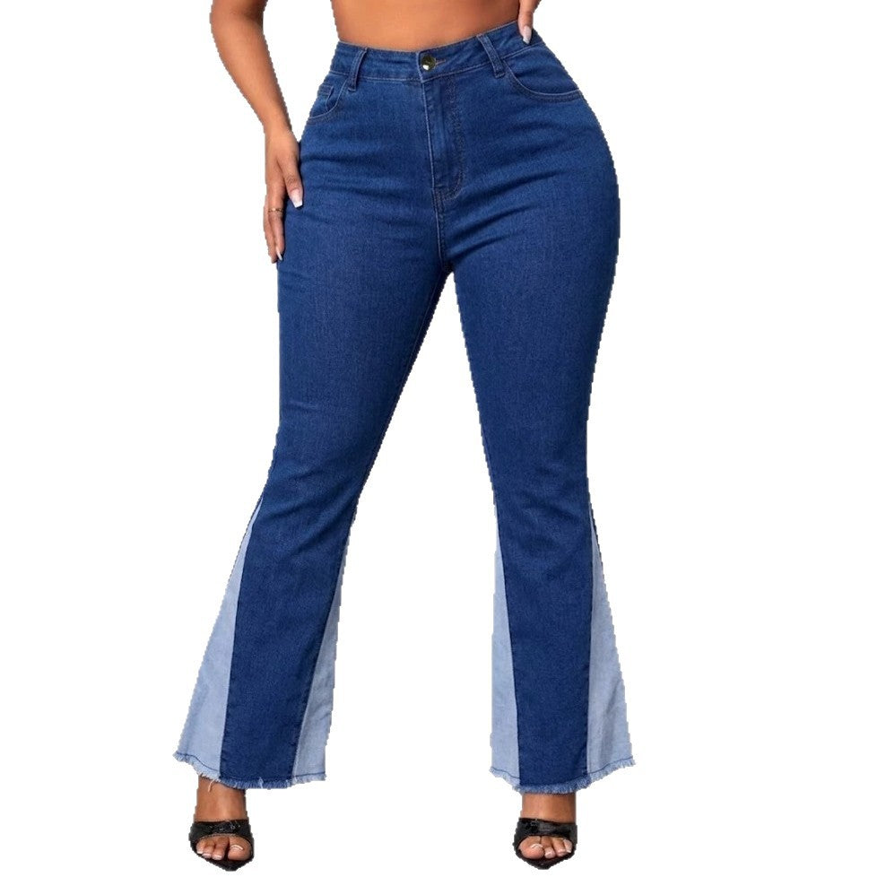Patchwork Stretchy Bell Bottom Denim Pants for Casual Streetwear