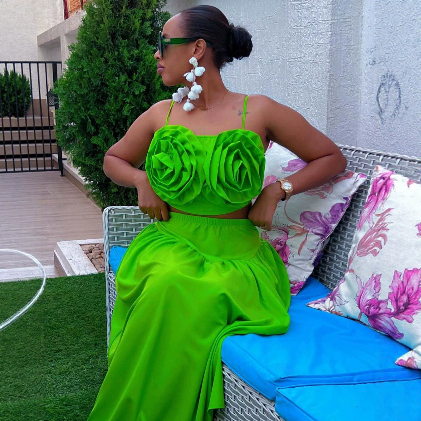 African Green Strapless Floral Crop Top & Skirt Set for Summer Events
