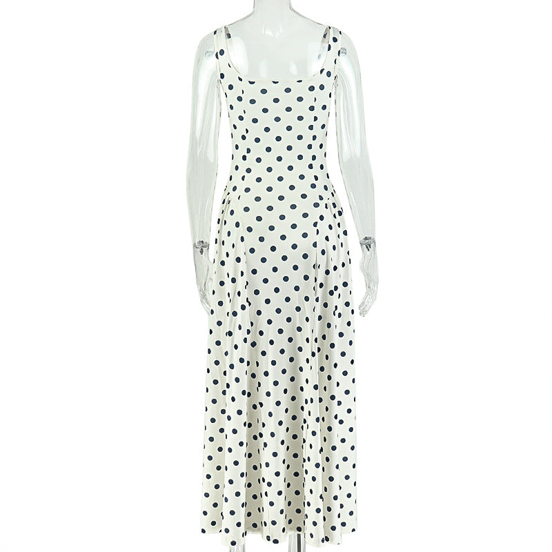 Polka Dot Round Neck Sleeveless A-Line Strap Dress for Casual Wear