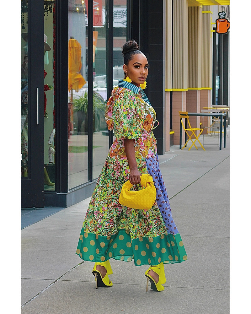 Green Muse Spliced Print Dress