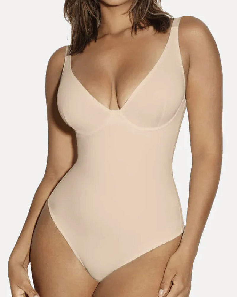 Body Contour V-Neck Thong Bodysuit Beige