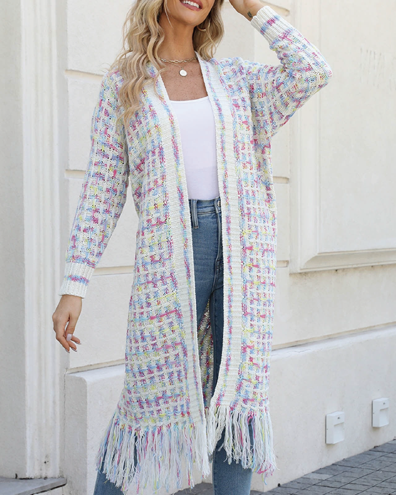 Multicolored Fringe Hem Cardigan Yellow