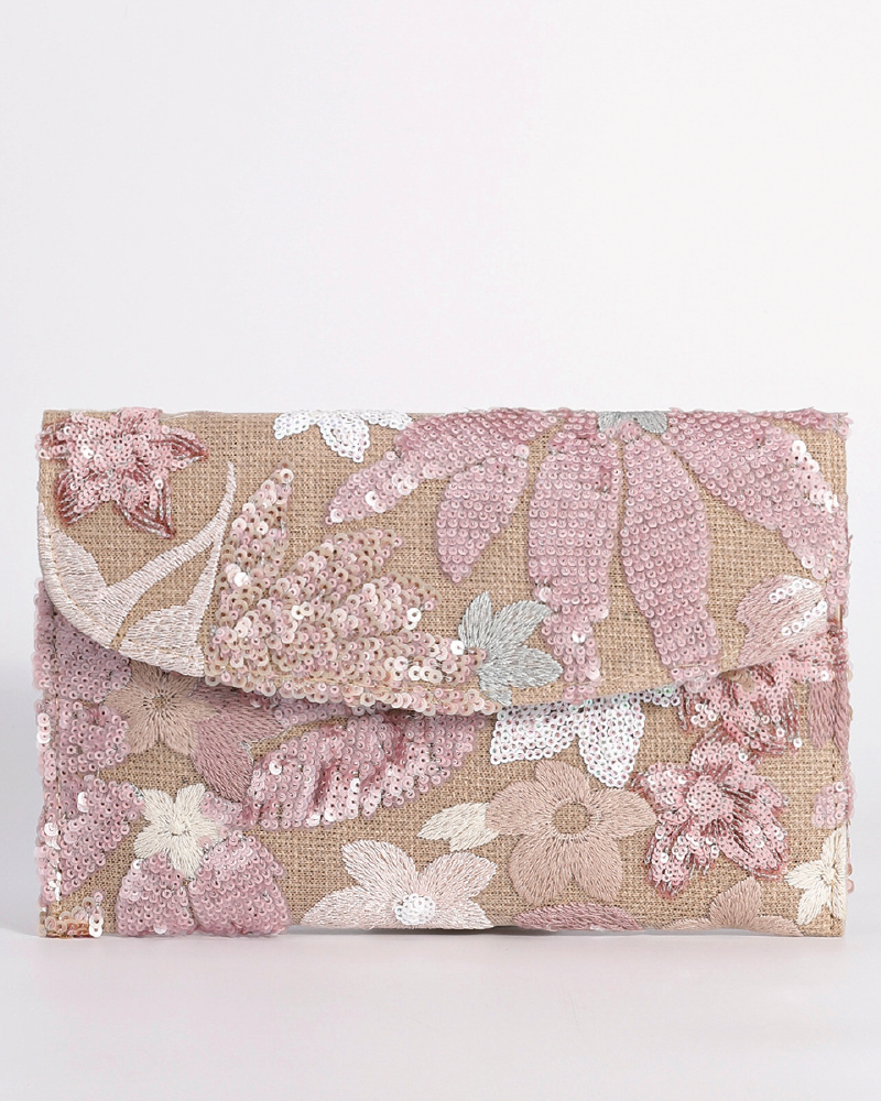 Floral Embroidery Sequin Clutch Lavender