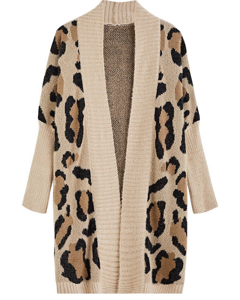 Leopard Pattern Fuzzy Cardigan Khaki