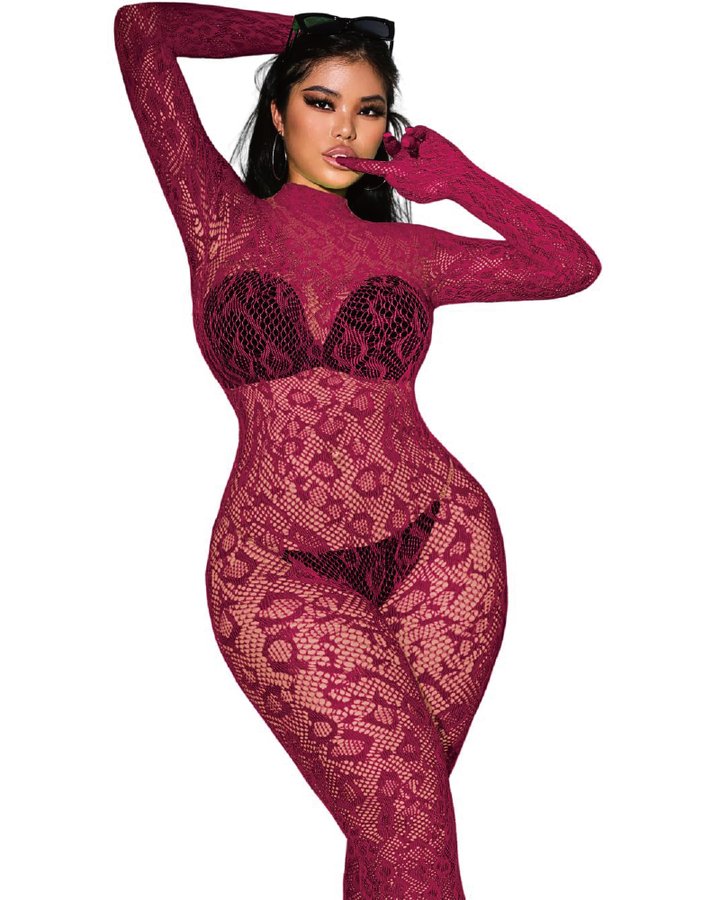 Sexy Lace Leopard Jumpsuit Burgundy One size
