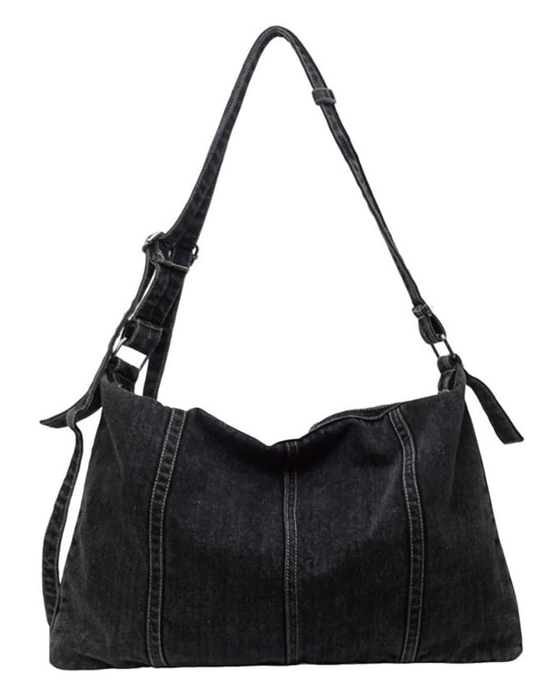 Denim Shoulder Handbag Black-Denim