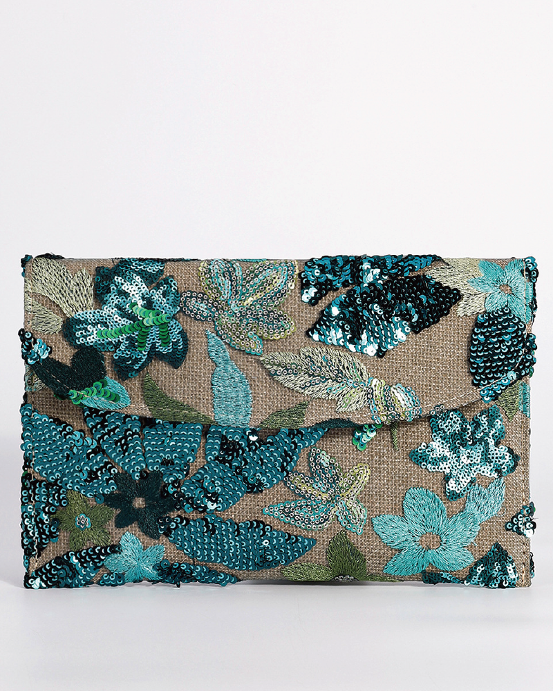 Floral Embroidery Sequin Clutch Teal