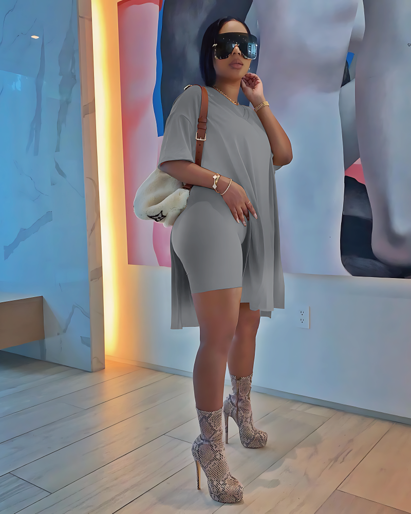 Classy n Chill Biker Shorts Set Grey
