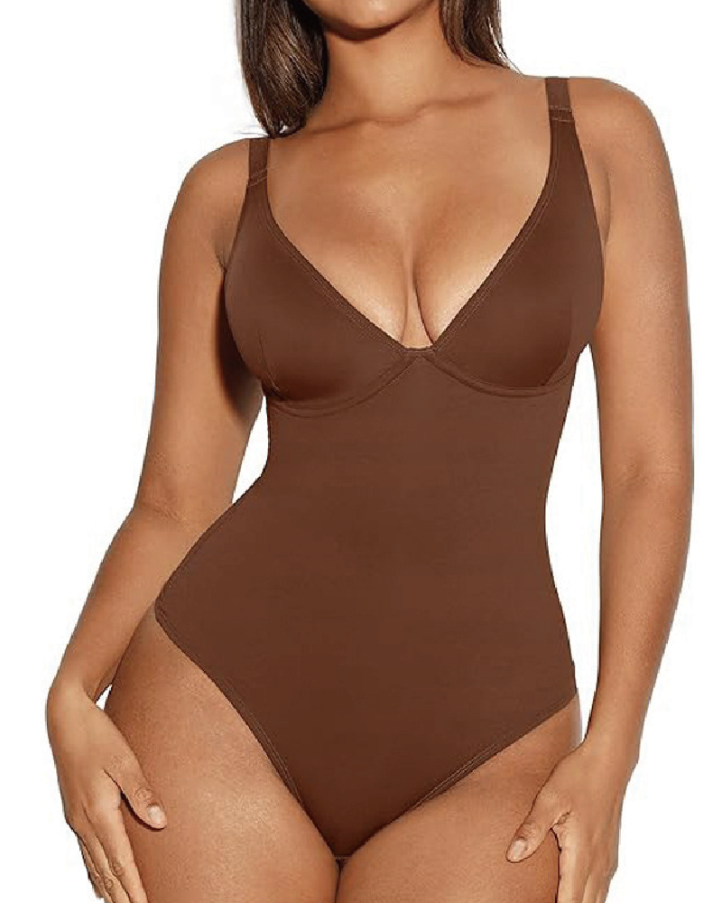 Body Contour V-Neck Thong Bodysuit Brown