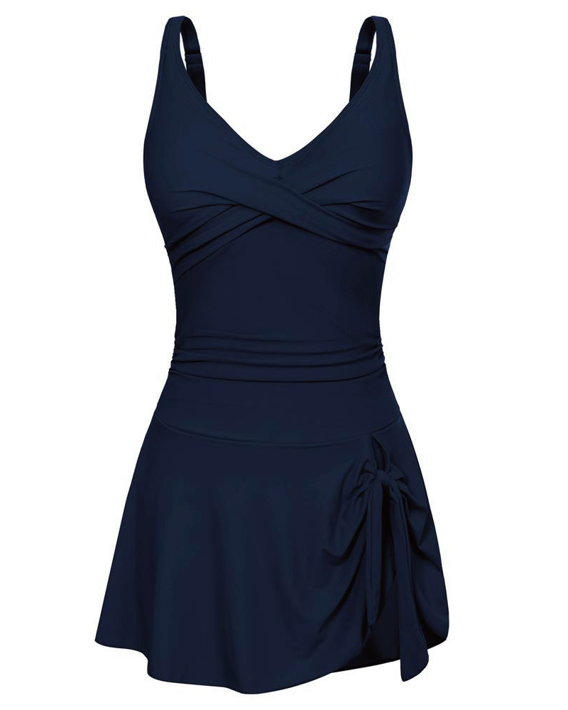 Deep V Knot Detail Skirted Swimsuit Navy XL