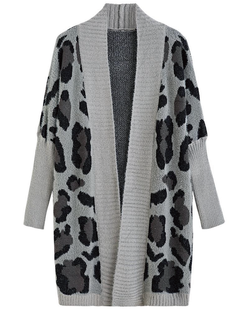 Leopard Pattern Fuzzy Cardigan Gray
