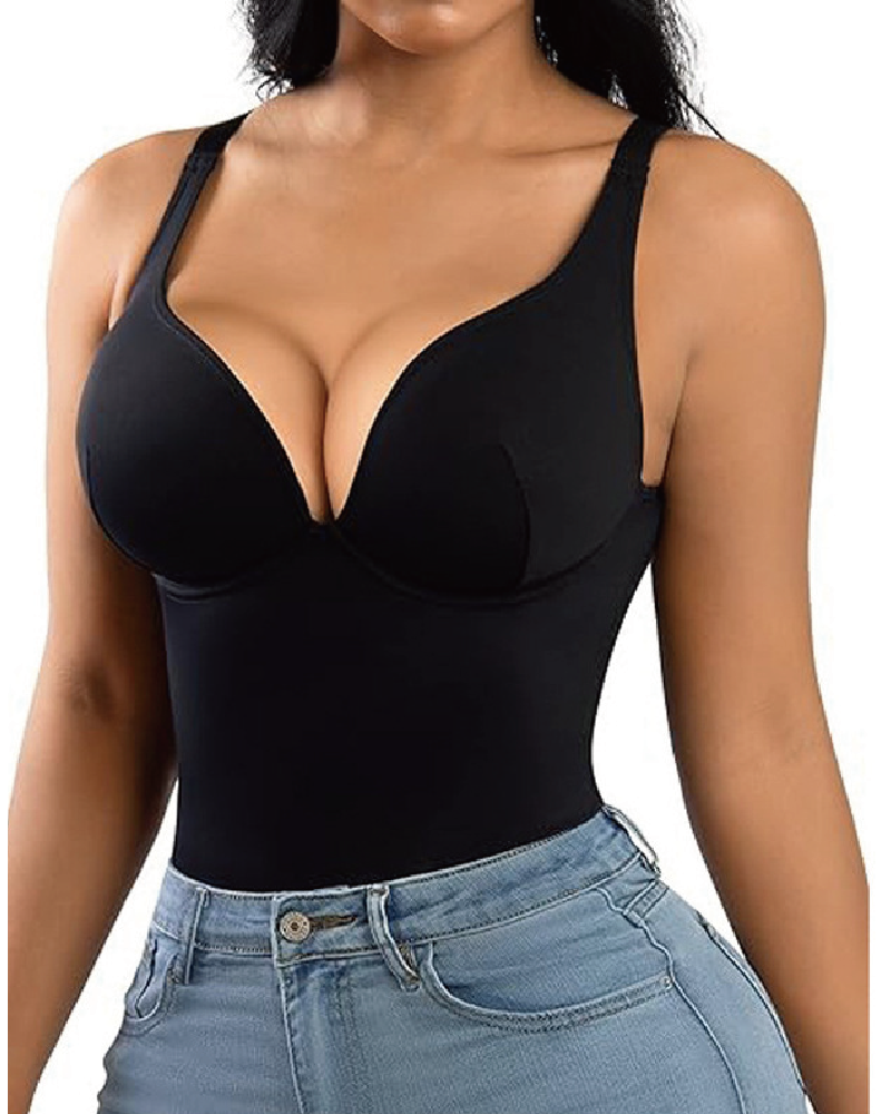 Body Contour V-Neck Thong Bodysuit Black